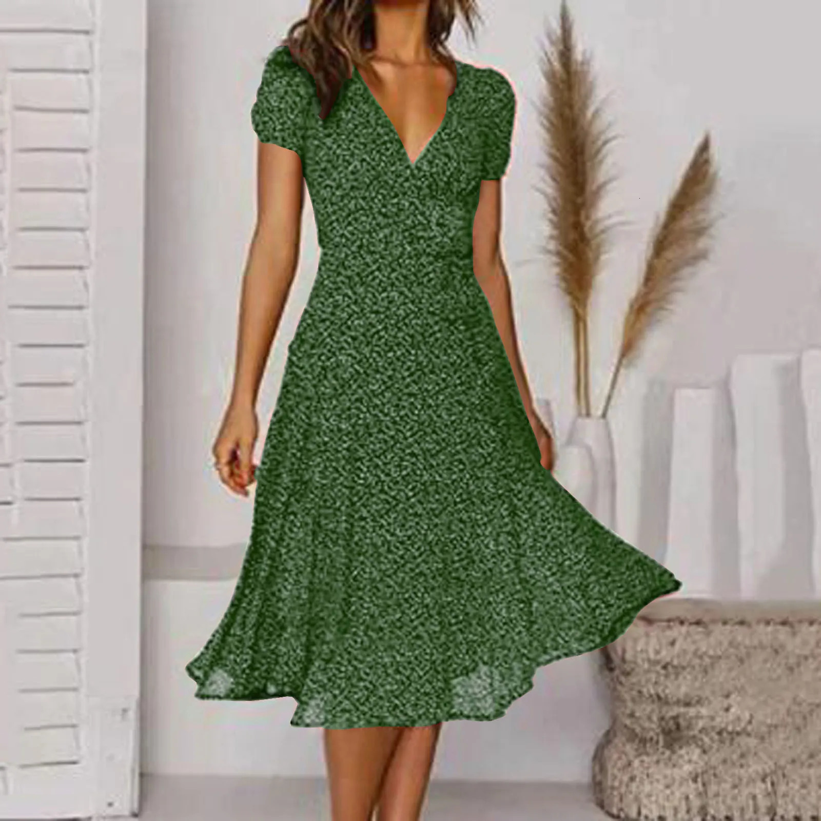 Summer Dresses Ladies Fashion Vintage Polka Dot Print Short Sleeve Dress Casual V Neck High Waisted Chiffon Long Dresses 240808