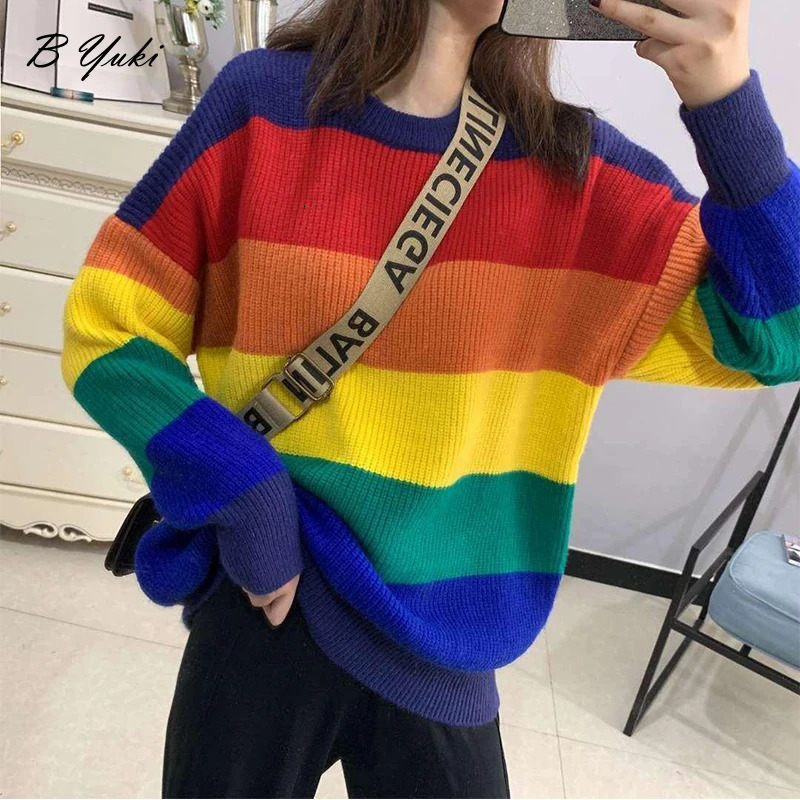 Blessyuki Oversized Knitted Rainbow Sweater Women Fashion Stripes Contrast Round Neck Pullover Sweater Casual Loose Cute Jumper 240808