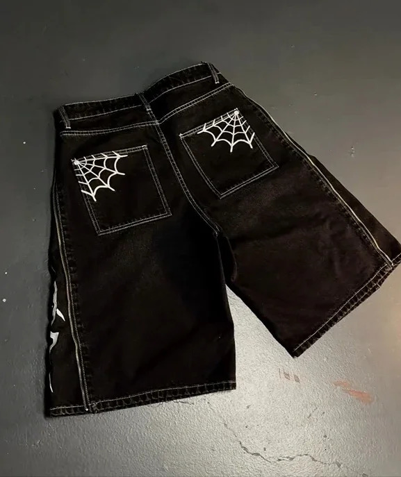 Y2k geometric letter printed bag denim shorts mens retro gothic zipper wide leg fashionable streetwear Jorts clothing 240808