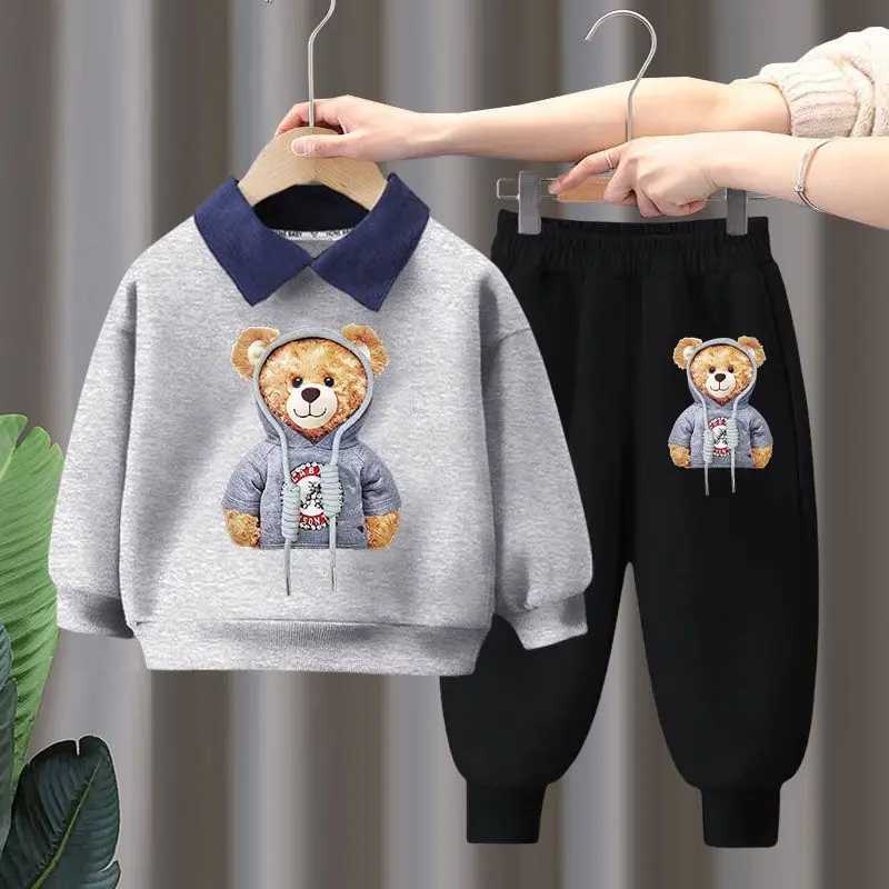 Clothing Sets Autumn Children Boy Clothes Set Kid Girls Cartoon Bear Printed Lapel Sweatshirts Pullover Top and Pants 2pcs Suit Baby TracksuitL488