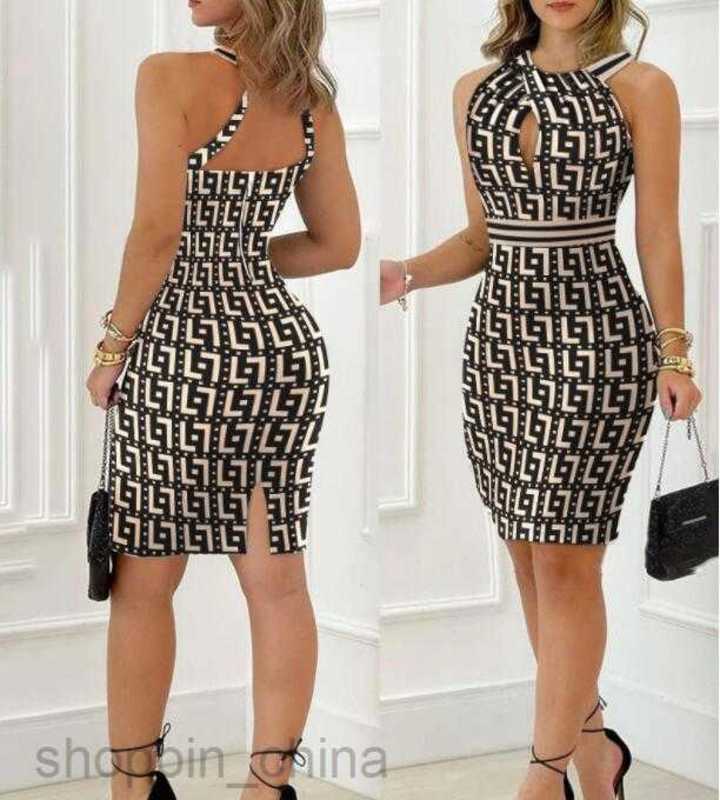 Casual Dresses Summer Dress for Women cross hanging neck geometric printing waist fitting party dress Polyester Sleeveless halter Slim Ladies Bodycon 