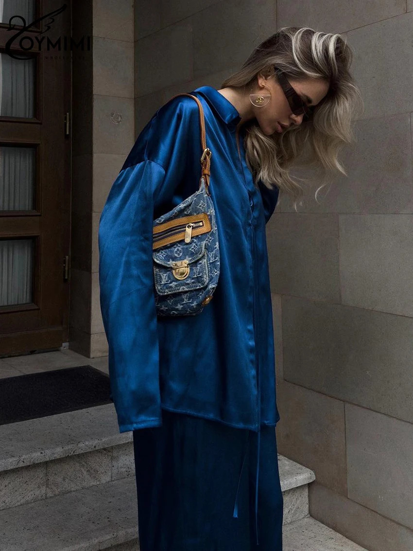 Oymimi Casual Loose Blue Satin Womens 2 Piece Outfit Set Elegant Long Sleeve Shirt With High Waist Wide Pants Set Streeetwear 240813