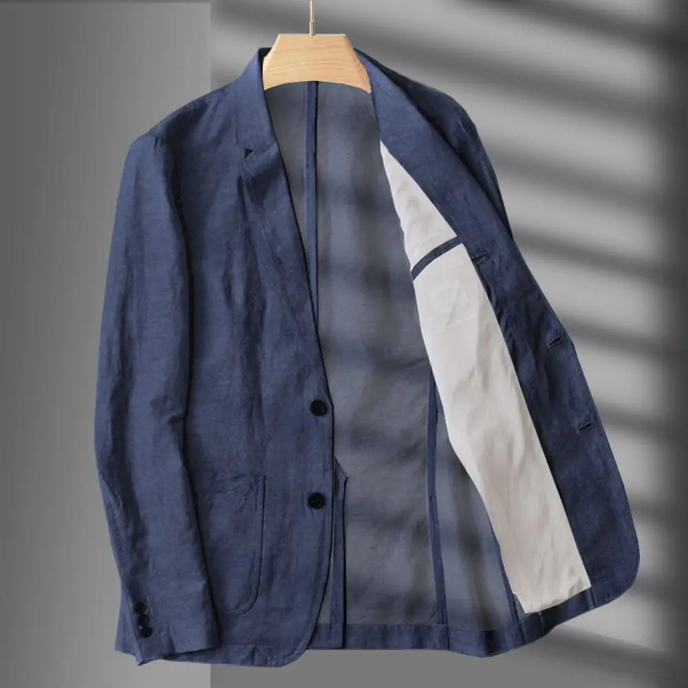 Navy Blue Linen Blazer Men Summer Casual Suit Single Jacket For Black Spring And Autumn Business 240807