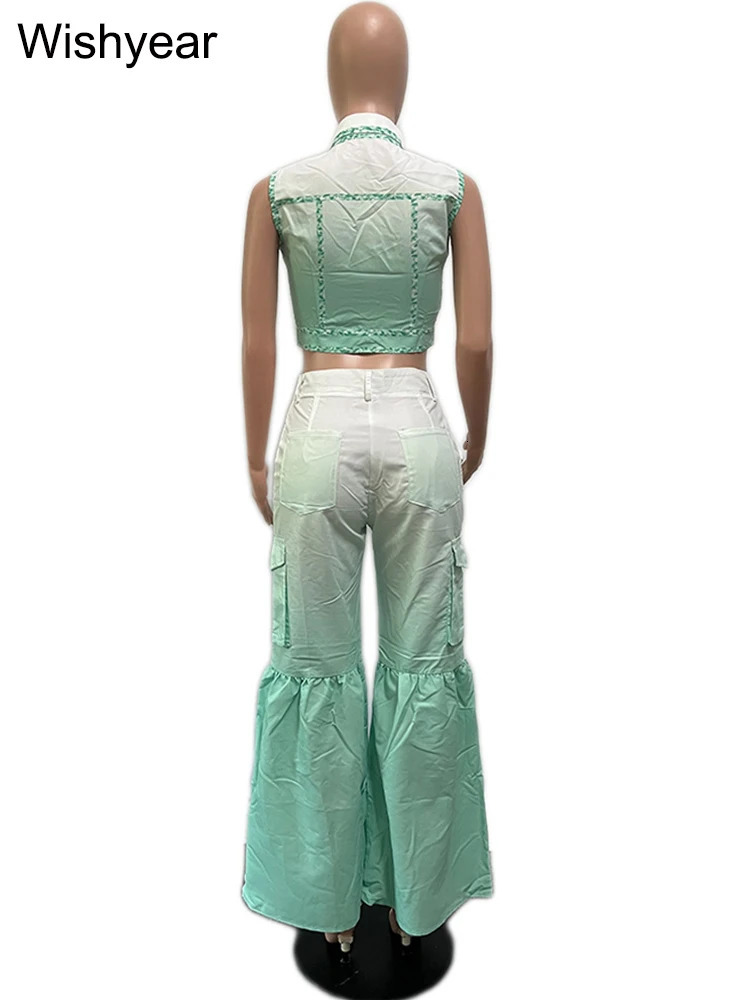Vintage Shirt and Pocket Straight Wide Leg Flare Pants Womens Birthday Summer Two 2 Piece Set Outfit Party Club Night Tracksuit 240813