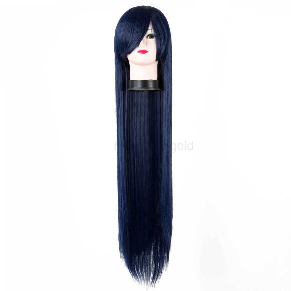 Long dark blue wig Fei Show synthetic heat-resistant 100CM/40 inch straight hair Carnival Halloween costume cosplay hair W240808