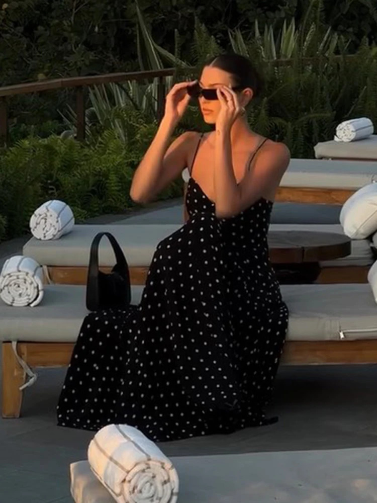 Summer Sexy Polka Dots Blackless Lace Spliced V-neck Dress Fashion Sleeveless Women Long Dresses Lady Vacation Beach Vestidos 240808