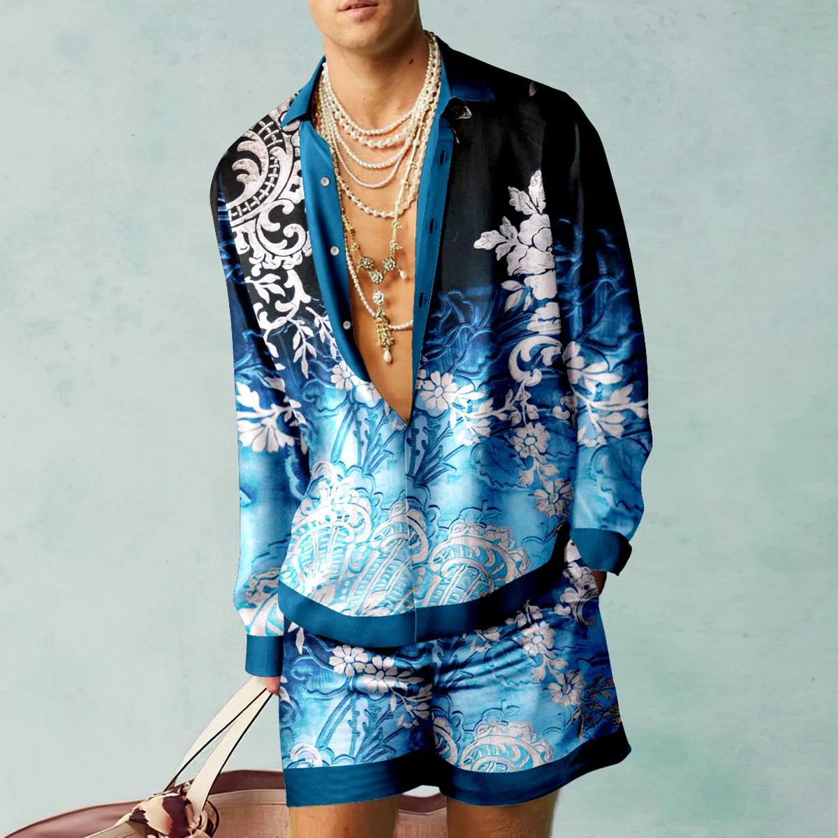 Pattern shirt set 3D printed mens casual fashion long sleeved shirt oversized beach shorts summer streetwear set240807