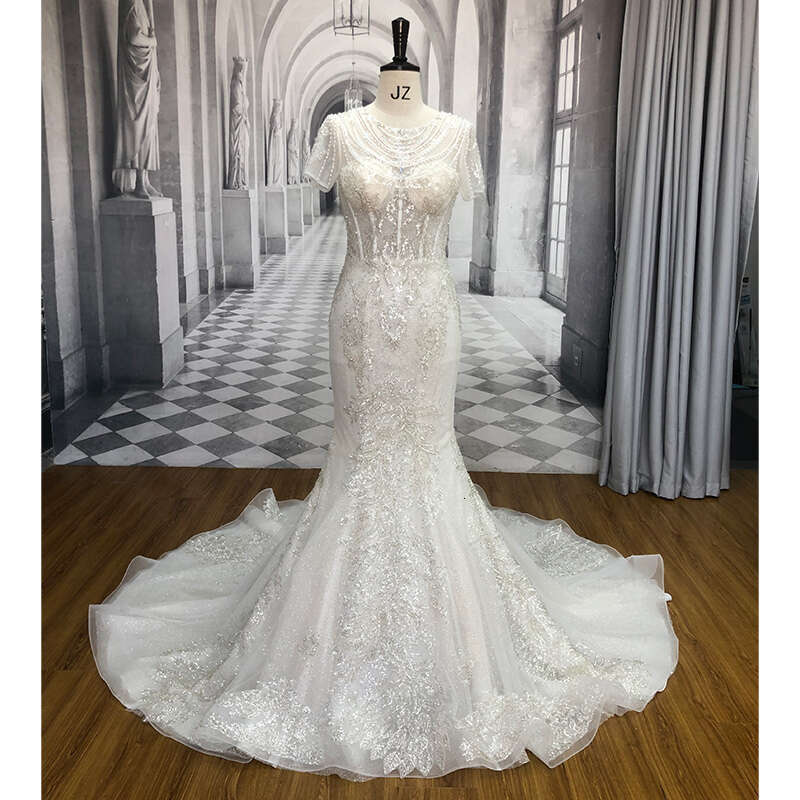 Crystal Sl-9051 Sexy Mermaid Dress Beads Lace Bridal Wedding Gowns Bride Dresses With Short Sleeve es