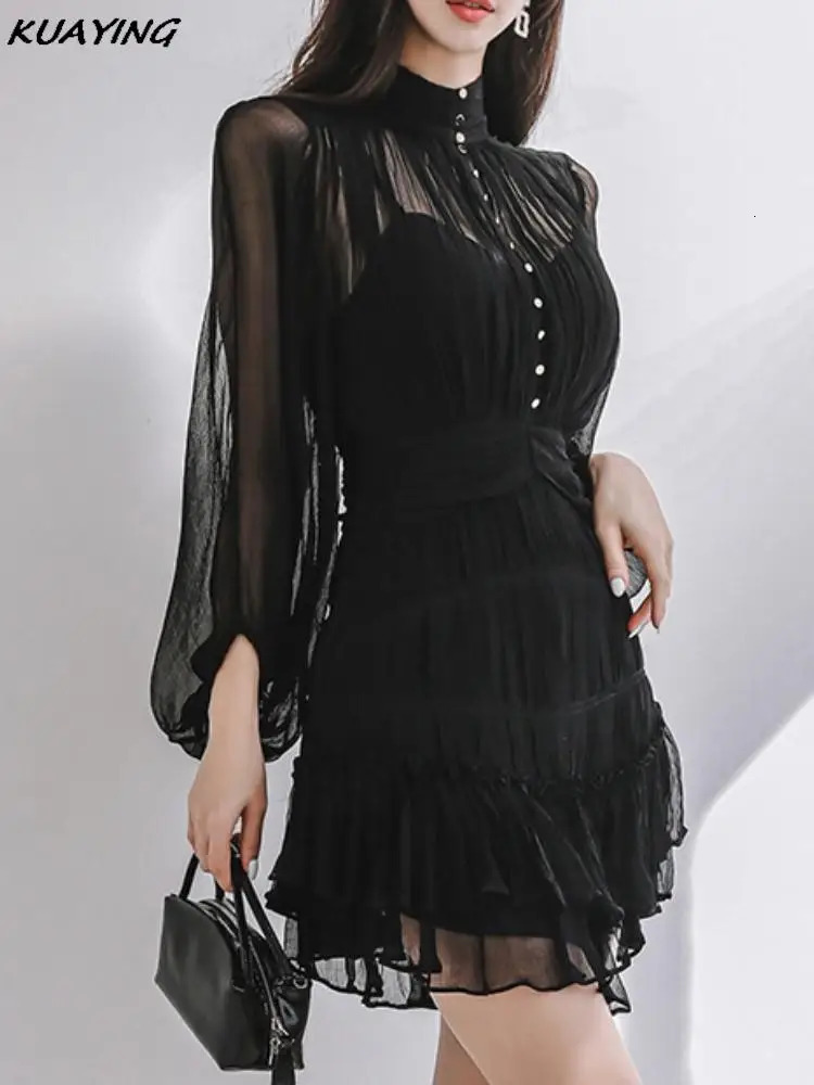 Solid Chiffon Lantern Sleeve Casual Party Mini Dress C260312