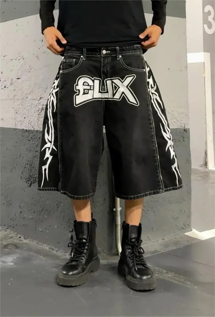 Y2k geometric letter printed bag denim shorts mens retro gothic zipper wide leg fashionable streetwear Jorts clothing 240808