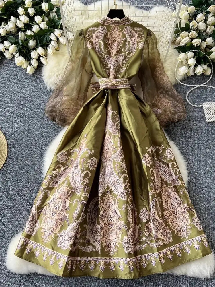 Paisley Print Bandage Lace Up Wrap Dress Women Cross V Neck Lantern Sleeve Chiffon Patchwork Thick Satin Long Party Vestidos 240808