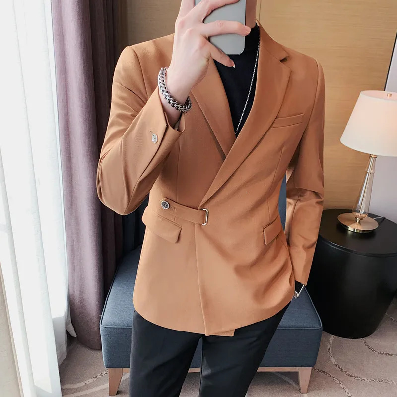 Men Dress Autumn Blazers Cotton Linen Oblique Buckle Tuxedo Man Jacket One Button Pockets Blazer Coat Homens Suit Male Clothing 240807