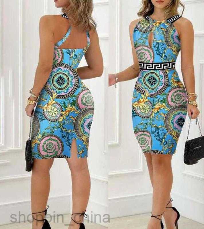 Casual Dresses Summer Dress for Women cross hanging neck geometric printing waist fitting party dress Polyester Sleeveless halter Slim Ladies Bodycon 