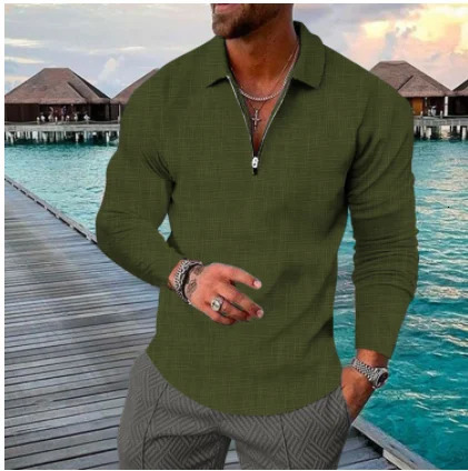 Mens spring and autumn large size long sleeve lapel zipper high-grade casual shirt POLO shirt 240814