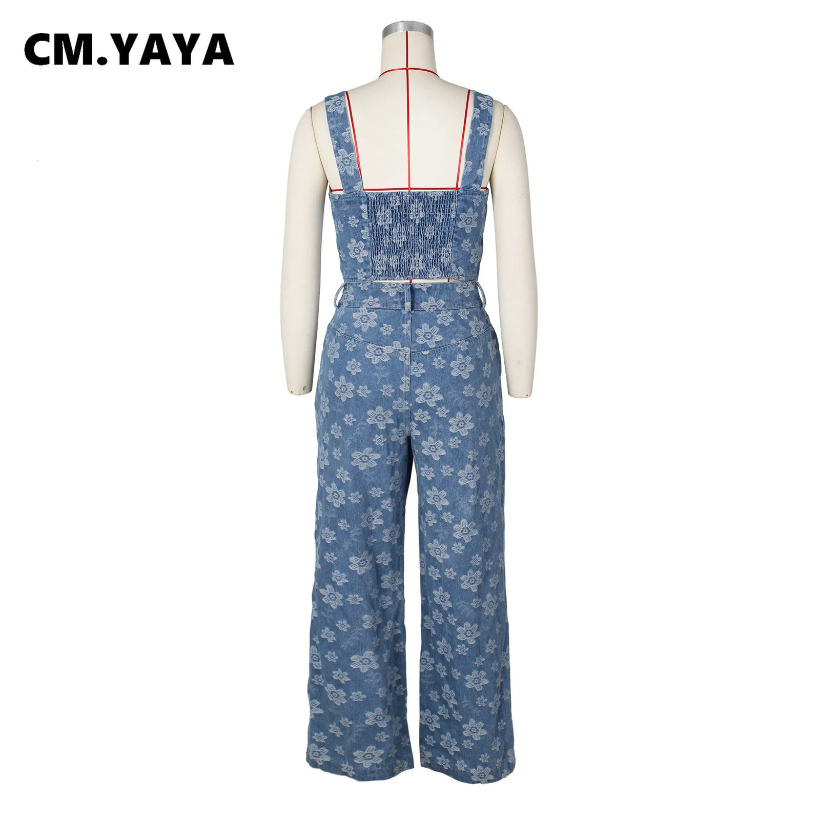 CM.YAYA Jean Jacquard Floral Womens Set Strap Wrap Crop Top and Straight Wide Leg Pants Two 2 Piece Sets Outfit Tracksuit 240813