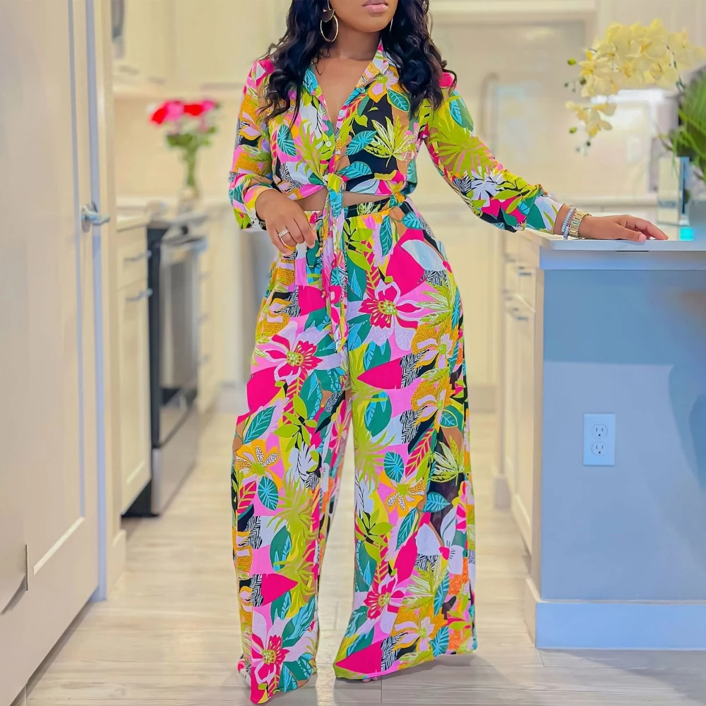 2 Piece Women Sets 2024 Arrival Summer Autumn Matching Sets Flower Print Two Pieces Sets Top Pants Suits Outfits Clothing 240808