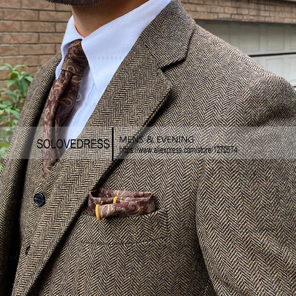 Herringbone Tweed Men's 3-Piece Business Slim Fit Suits For Groomsmen Wedding
