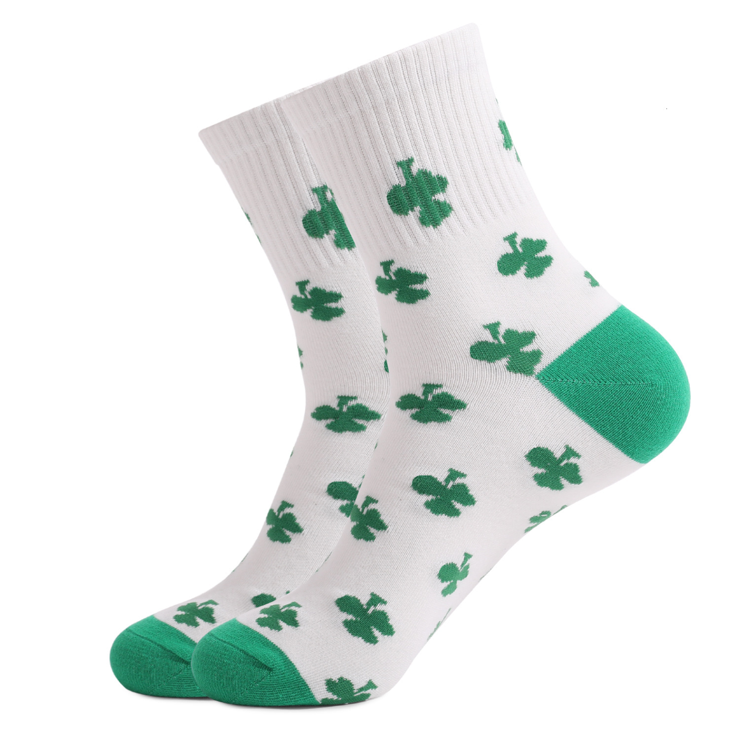 Green casual clover striped jacquard Saint Patrick thick mid length cotton socks dongdumaoyi