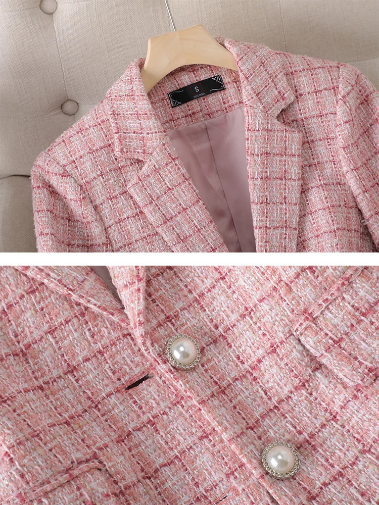 Long Sleeve Autumn Winter Women Blazer Ladies Pink Beige Plaid Female Casual Jacket Coat 240808