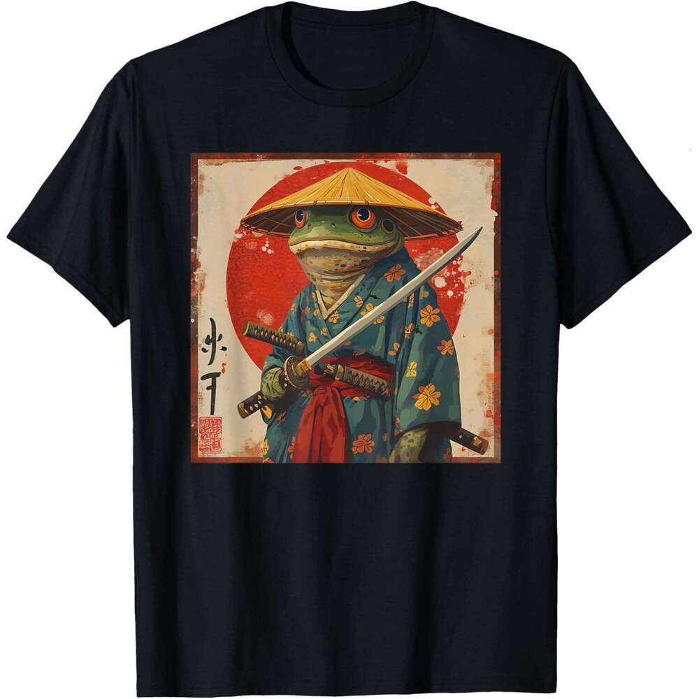 T shirt for Mens Womens Woodblock Art: Samurai Frog Japanese kanji T-Shirt Shirts Tshirt Graphic Tee Casual Tops Clothes Short sleeve