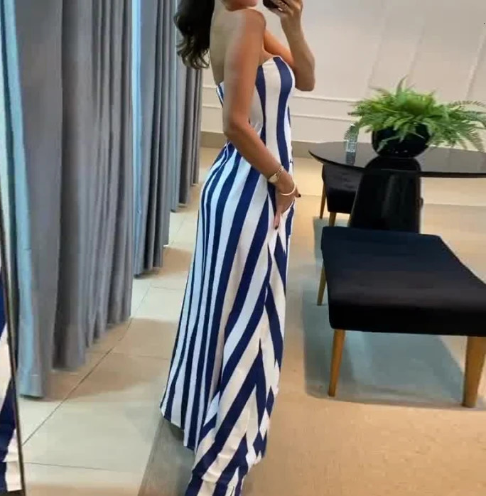 Summer Fashion Womens Two Piece Commuting Striped Print Sexy Open Navel Bra Asymmetric Long Top and High Waist Pants Set 240808