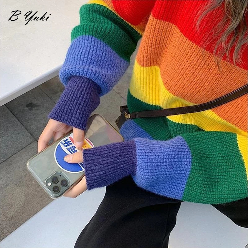 Blessyuki Oversized Knitted Rainbow Sweater Women Fashion Stripes Contrast Round Neck Pullover Sweater Casual Loose Cute Jumper 240808
