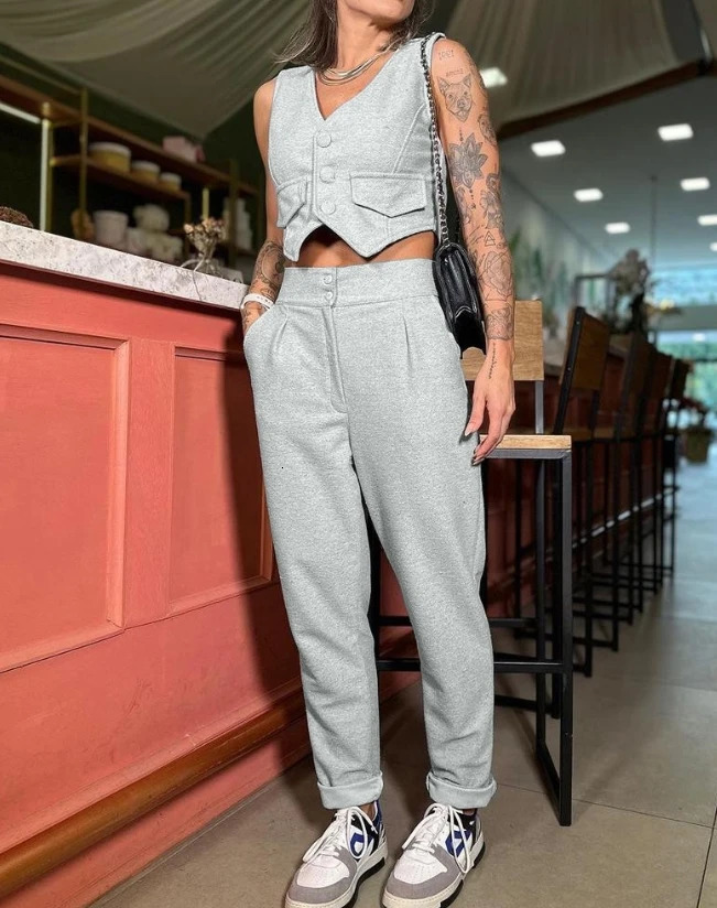 Two Piece Set Women Outfit Summer Fashion V-Neck Buttoned Sleeveless Vest Top Casual High Waist Pocket Daily Pants Set 240813