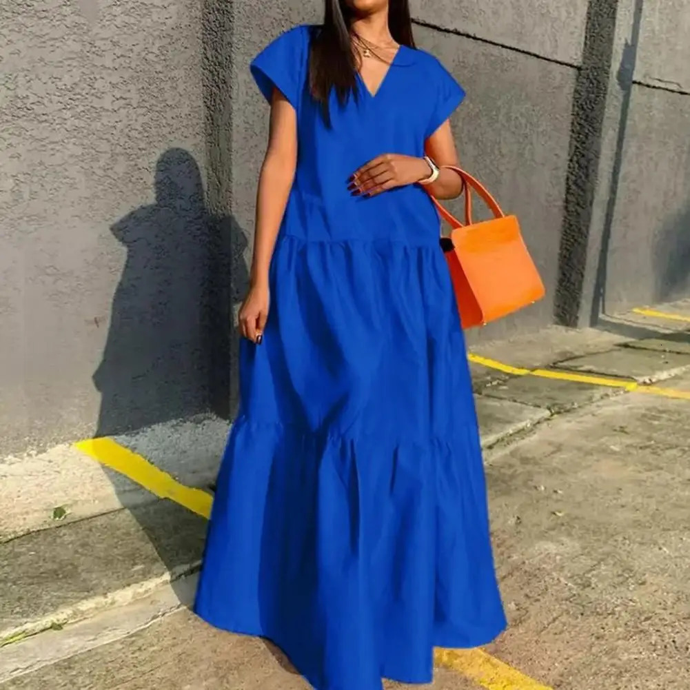 Loose Hem Women Maxi Dress V-neck Short Sleeves Summer Beach Dress Plus Size Full Length Lady Female Clothes Casual Party Dress 240808