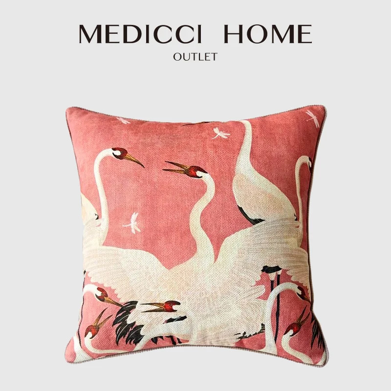Medicci Home GG Style Inspired Dancing Crane Decorative Cushion Cover High Grade French Retro Pillow Case 45x45cm For Sofa Couch 240807