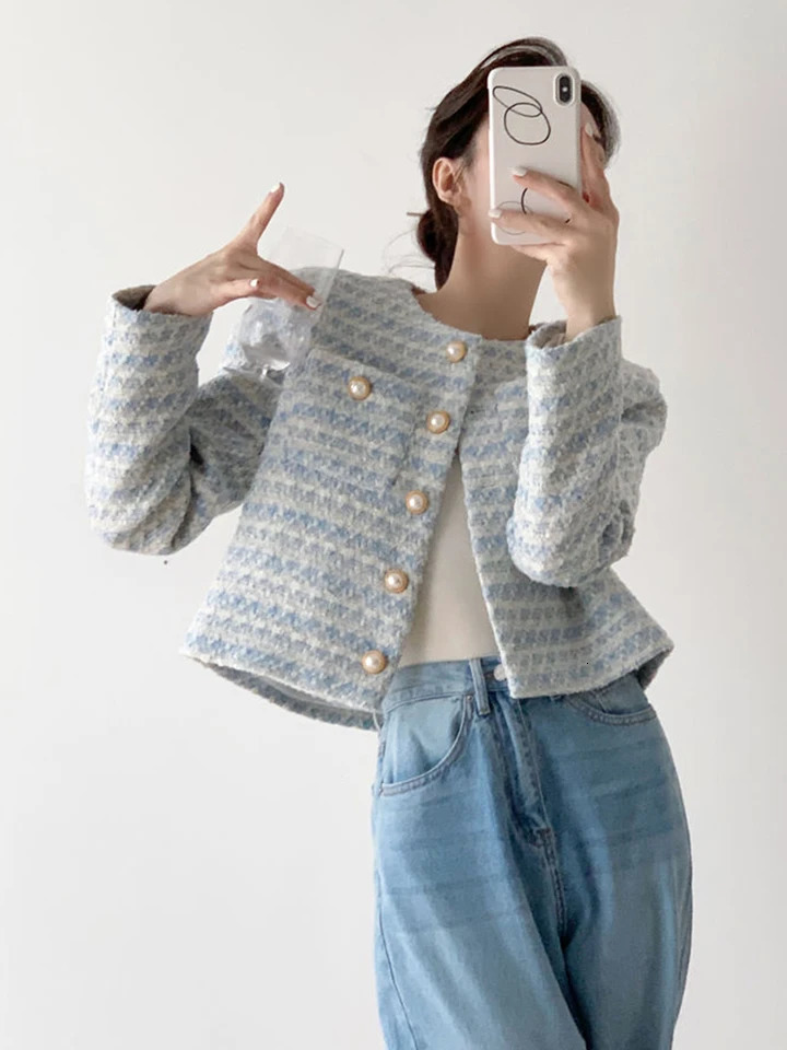 Zoki elegant British womens coarse woolen jacket fashionable ultra-thin long sleeved casual jacket sexy cut sweet womens fully matched jacket 240807