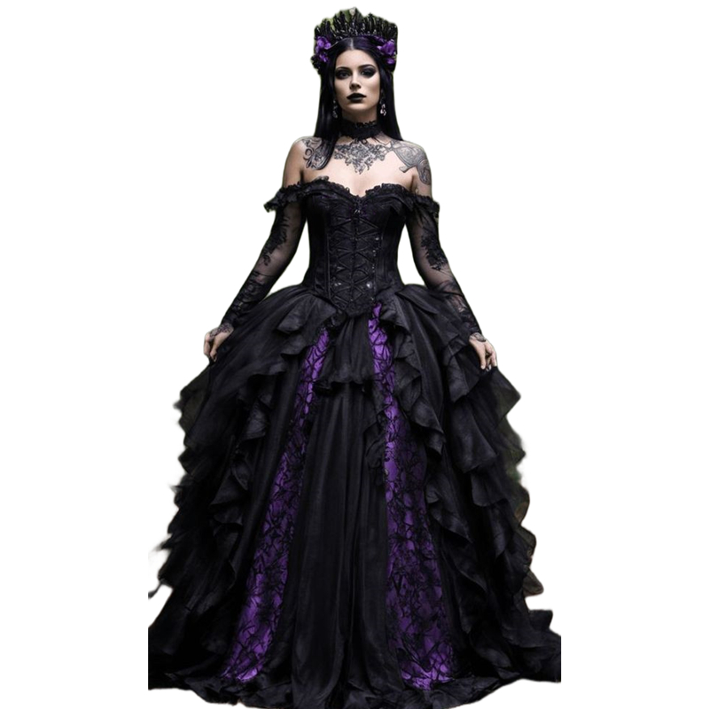 Vintage Purple And Black Gothic Prom Dresses Lace Appliques Ruffles Corset Steampunk Medieval Evening Gowns Vampire Masquerade Dress For Women