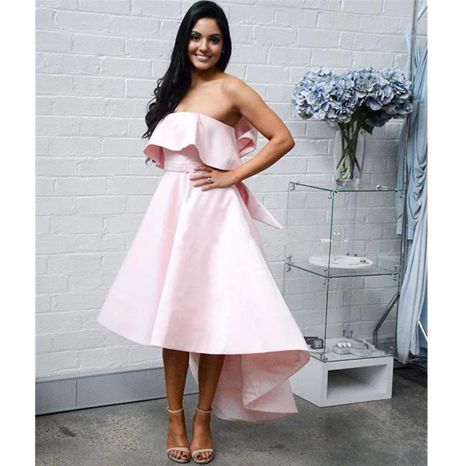 Strapless Pink Bridesmaid Dresses Simple Satin Sleeveless Maid Of Honor Dress High Low Wedding Party Gowns Plus Size