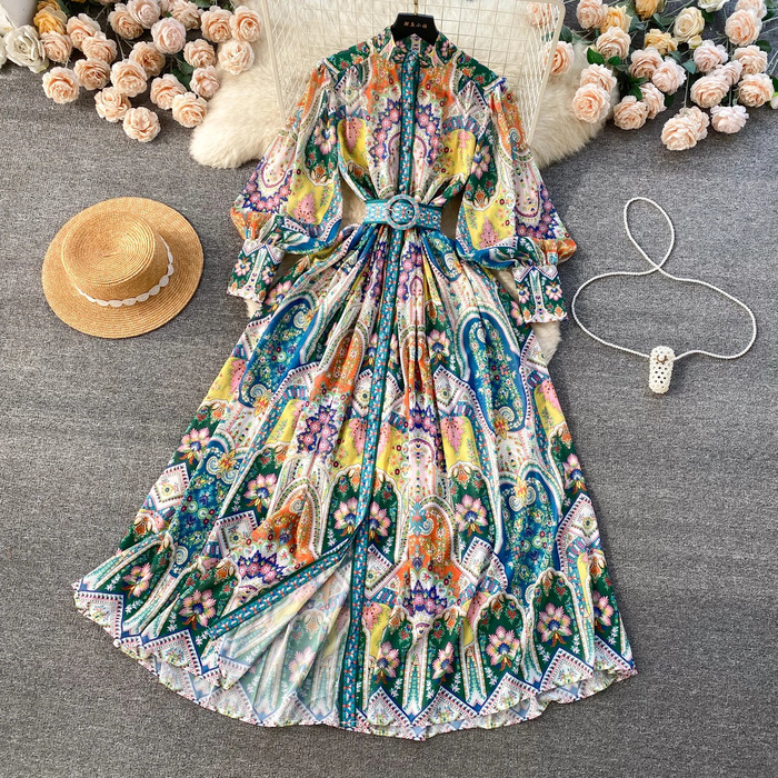 Spring Summer Holiday Gorgeous Flower Chiffon Dresses Womens Stand Long Lantern Sleeve Belt Floral Print Loose Robe Vestidos 240808