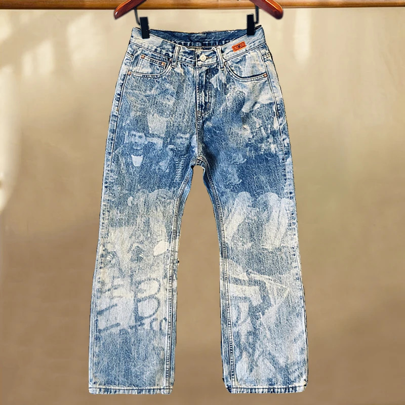 Punk Baggy Jeans For Men Streetwear Washed Printed Pattern Large Size Men Biker Jeans American Loose Jeans High Street Jeans 240808