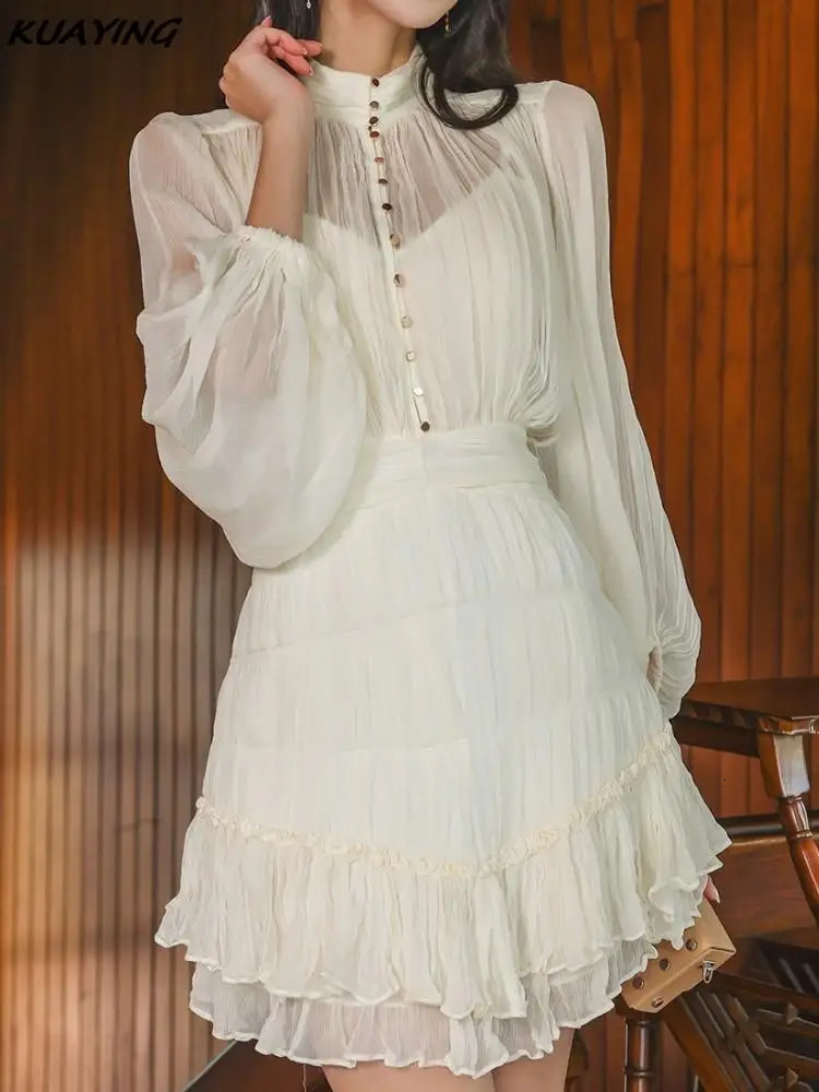 Solid Chiffon Lantern Sleeve Casual Party Mini Dress C260312