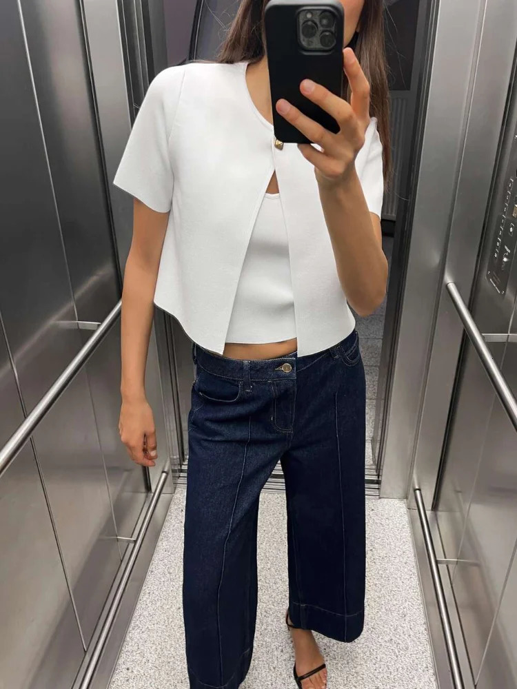 Knitted One Button Cardigans Women Elegant Red Short Sleeve O-neck Sweater Female Autumn Fashion Streetwear Lady Sweaters 240808