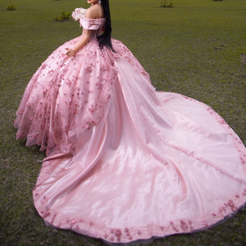 Luxury Pink Mexican Quinceanera Dressess Off The Shoulder Applique Beads Crystal Lace Up Corset Sweet 16 Vestido 15 De Anos