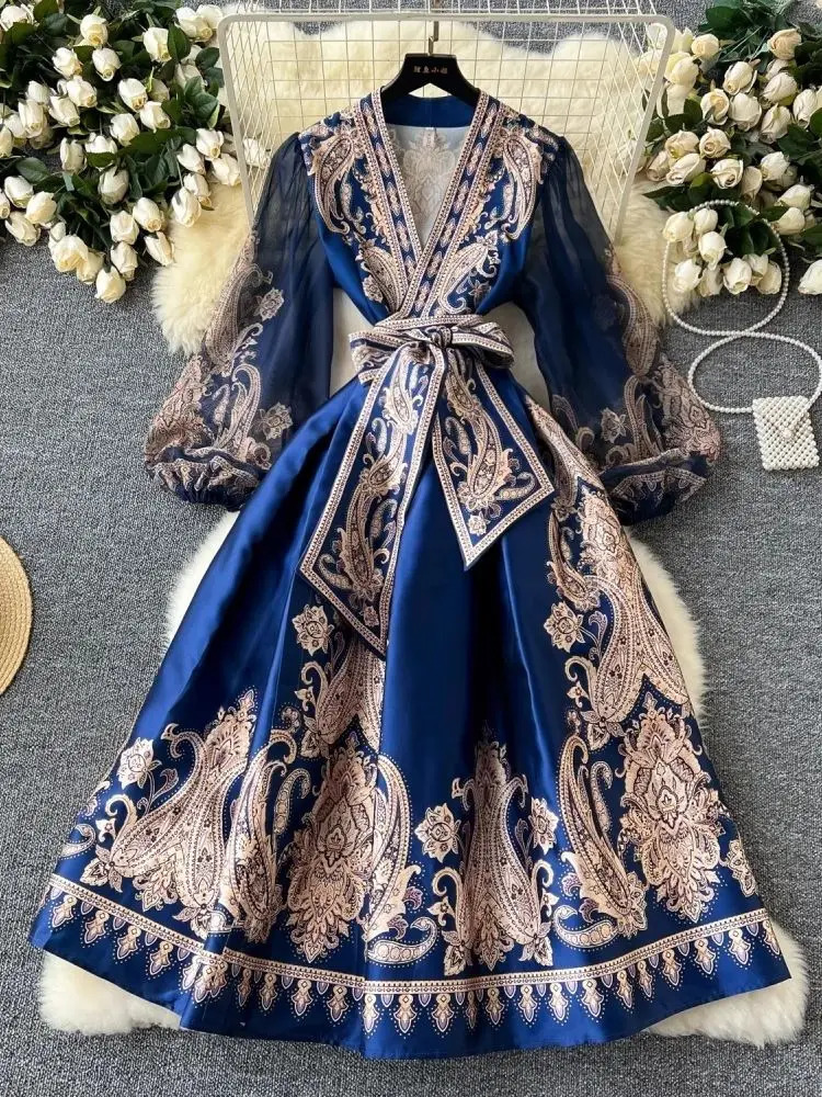Paisley Print Bandage Lace Up Wrap Dress Women Cross V Neck Lantern Sleeve Chiffon Patchwork Thick Satin Long Party Vestidos 240808
