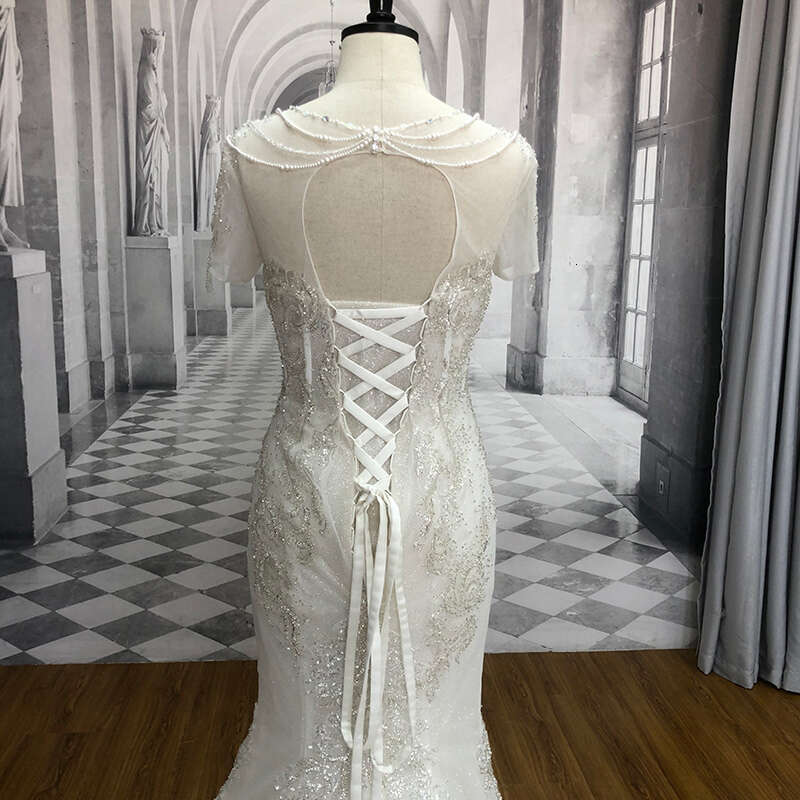 Crystal Sl-9051 Sexy Mermaid Dress Beads Lace Bridal Wedding Gowns Bride Dresses With Short Sleeve es