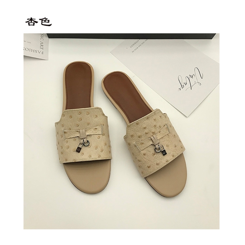 Genuine Leather Ostrich Patterned Flat Bottomed Slippers With Exposed Toes, One Word Slippers, Summer Large Women's Shoes 34-42