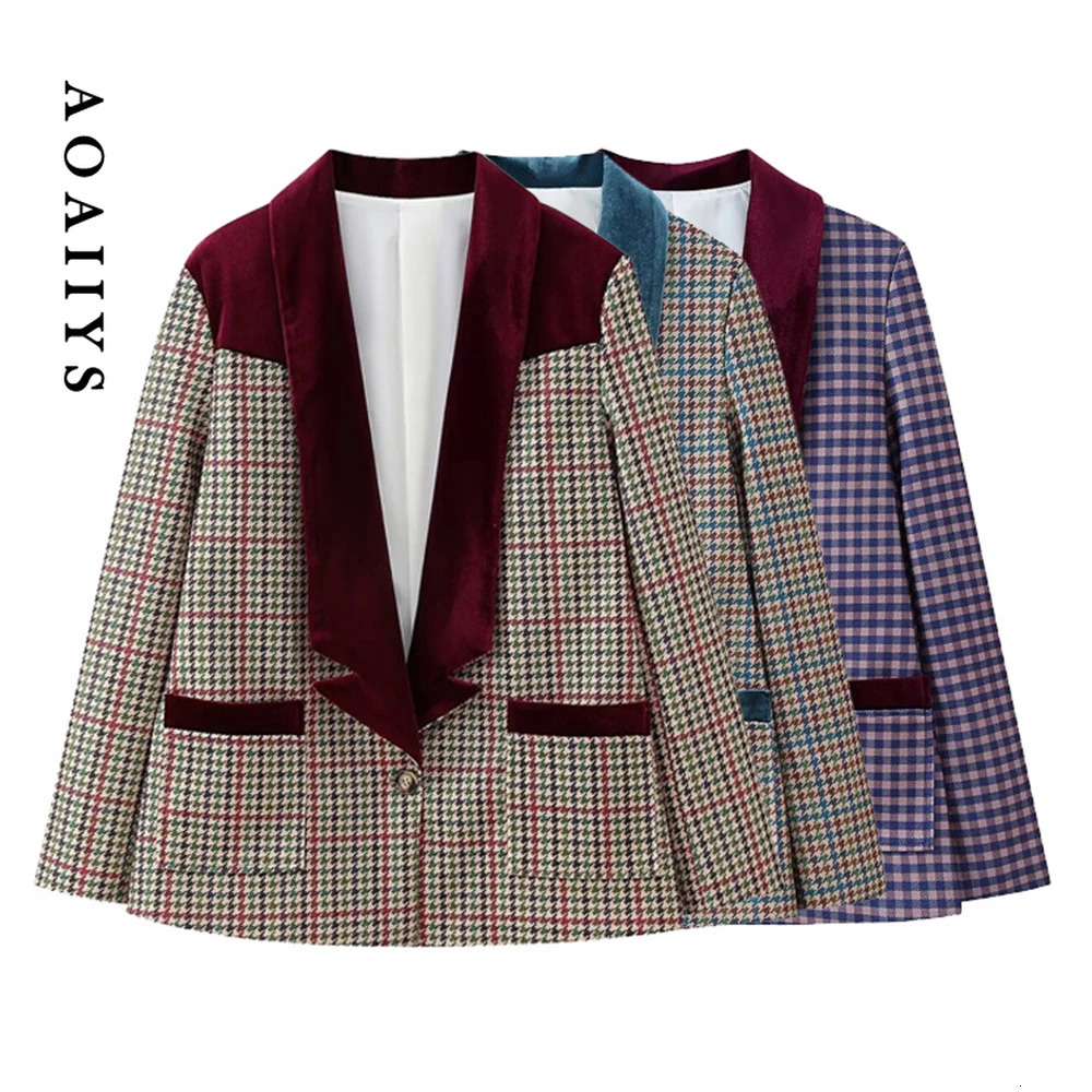 Aoaiiys Plaid Blazer for Women Coats Chic Patchwork Velour Elegant Basic Single Button Jackets Fashion Causal Outerwear 240808