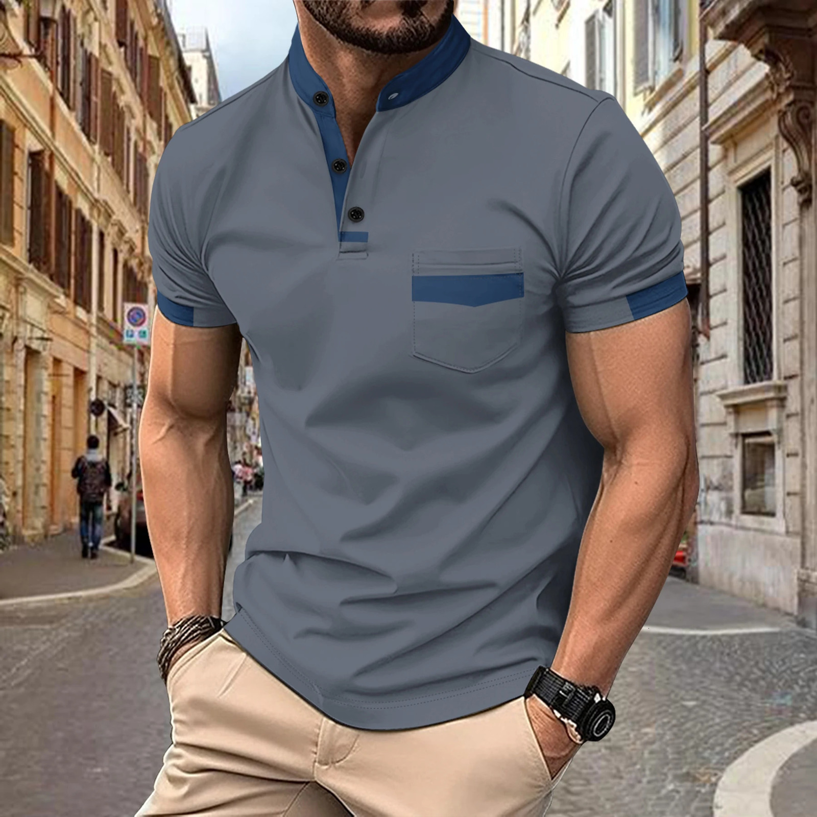 European and American mens polo shirt travel casual short sleeved stand up collar color matching 240828