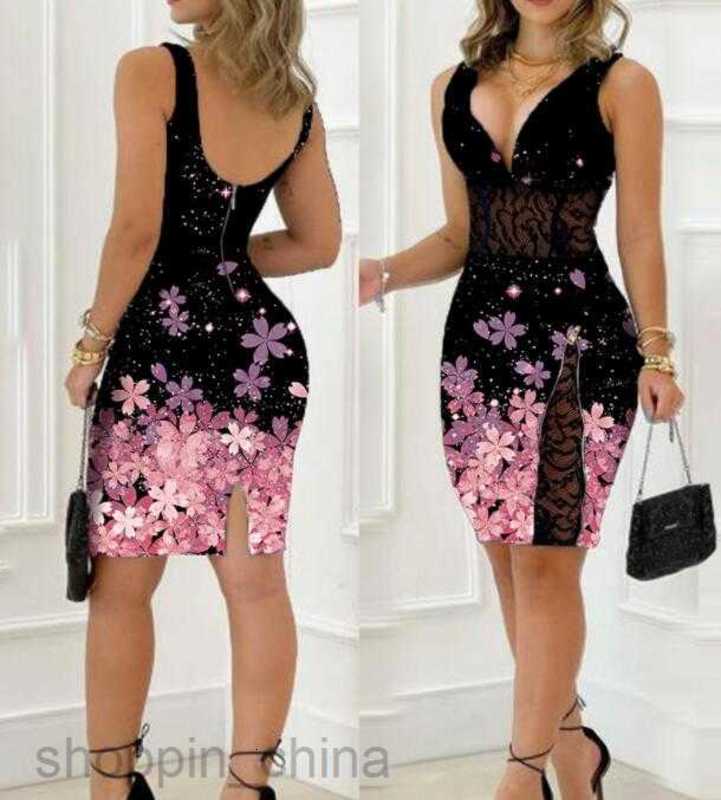 Casual Dresses Summer Dress for Women cross hanging neck geometric printing waist fitting party dress Polyester Sleeveless halter Slim Ladies Bodycon 