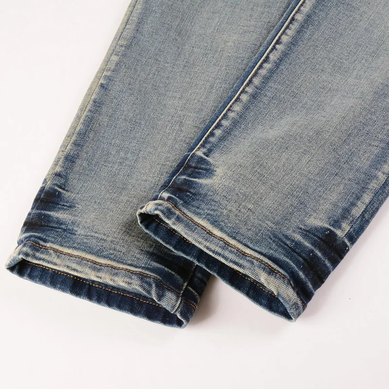 Mens cracked patch bicycle jeans streetwear pleated patches workwear stretch denim pants holes tears tight adhesive tape 240807