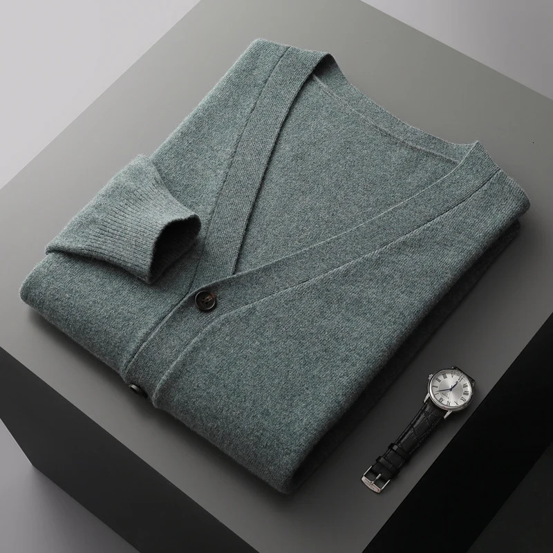 100% merino wool mens cardigan cashmere sweater autumn and winter knitted coat solid color long sleeve high quality coat 240814