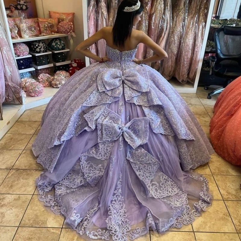 Lavender Sparkly Sweetheart Quinceanera Dresses Ball Gown Off The Shoulder Beads Crystal Appliques Bow Sweet Vestidos De 15 Girls