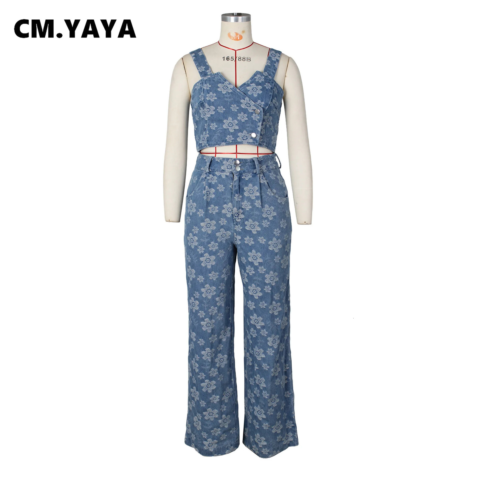 CM.YAYA Jean Jacquard Floral Womens Set Strap Wrap Crop Top and Straight Wide Leg Pants Two 2 Piece Sets Outfit Tracksuit 240813
