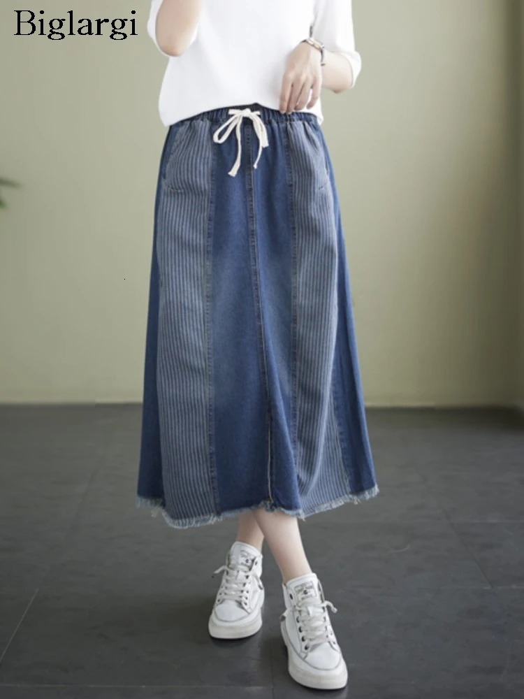 Denim High Waist Oversized Striped Print Patchwork Skirt Women A-Line Ruffle Pleated Loose Ladies Skirts Modis Woman Midi Skirts 240808