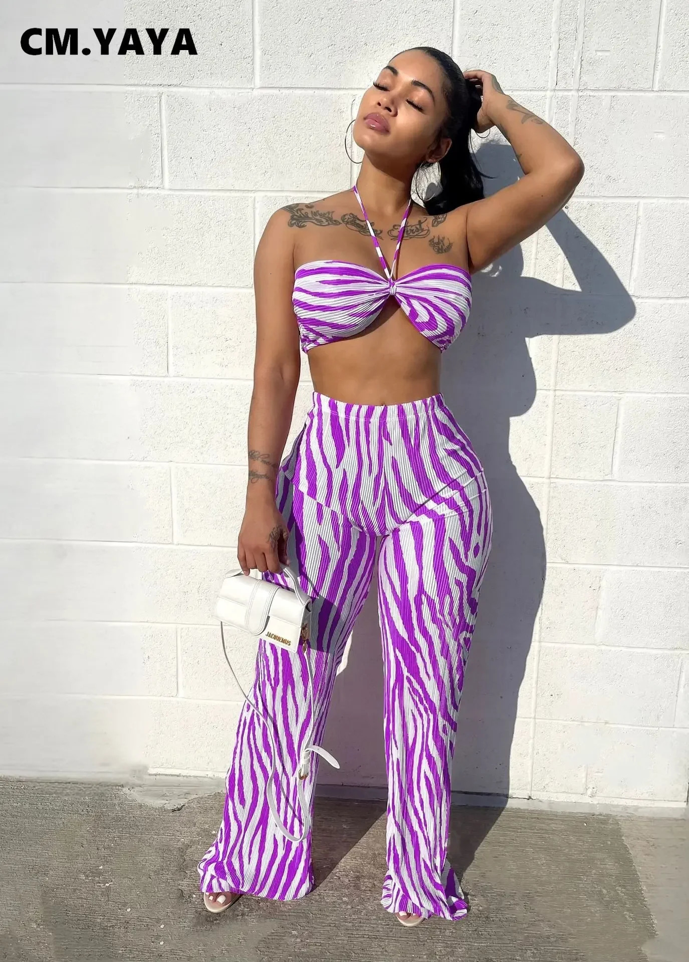 CM.YAYA Zebra Printed Pleated Womens Set Crop Top and Wide Leg Pants Suit Summer Fashion Two 2 Piece Set Outfits Tracksuit 240813