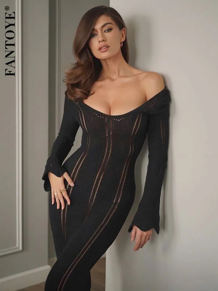 Fantoye Knitted Sexy Hollow Out Maxi Dress For Women Black Long Sleeve Off Shoulder Dress Female Slim Elegant Vacation Beachwear 240808
